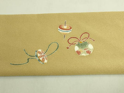 平和屋着物●極上　九寸名古屋帯　友禅　独楽　羽　鬼しぼ縮緬　反端付き　逸品　未使用　DZAC0433kh6
