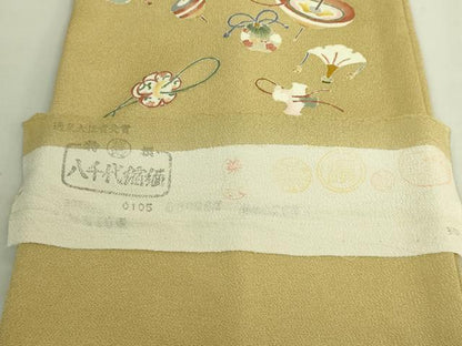平和屋着物●極上　九寸名古屋帯　友禅　独楽　羽　鬼しぼ縮緬　反端付き　逸品　未使用　DZAC0433kh6