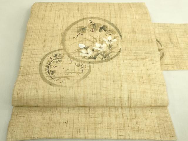 平和屋着物＊極上　夏物　九寸名古屋帯　手描き　花丸文　南天蔦の葉　麻　逸品　未使用　DZAC0436kh6