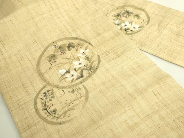 平和屋着物＊極上　夏物　九寸名古屋帯　手描き　花丸文　南天蔦の葉　麻　逸品　未使用　DZAC0436kh6