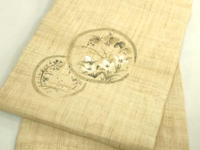 平和屋着物＊極上　夏物　九寸名古屋帯　手描き　花丸文　南天蔦の葉　麻　逸品　未使用　DZAC0436kh6