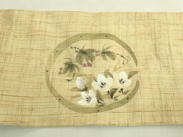 平和屋着物＊極上　夏物　九寸名古屋帯　手描き　花丸文　南天蔦の葉　麻　逸品　未使用　DZAC0436kh6