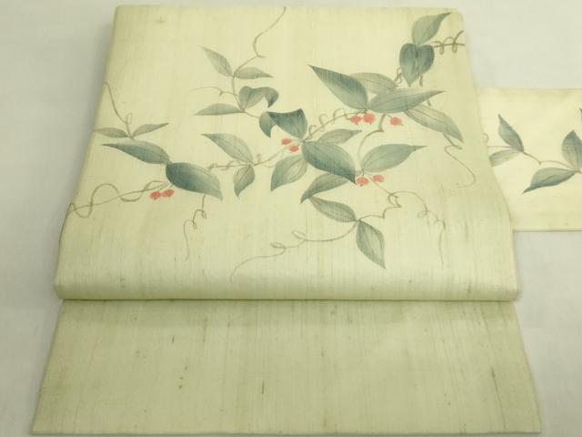 平和屋着物＊極上　夏物　九寸名古屋帯　手描き　紬地　南天蔦の葉　逸品　未使用　DZAC0439kh6