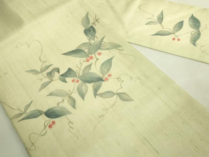 平和屋着物＊極上　夏物　九寸名古屋帯　手描き　紬地　南天蔦の葉　逸品　未使用　DZAC0439kh6