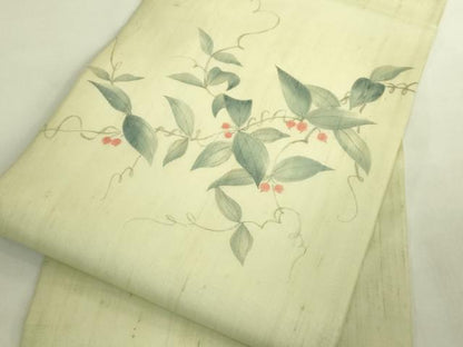 平和屋着物＊極上　夏物　九寸名古屋帯　手描き　紬地　南天蔦の葉　逸品　未使用　DZAC0439kh6