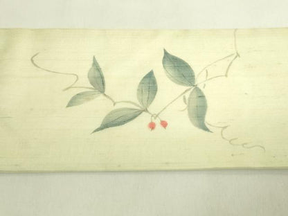 平和屋着物＊極上　夏物　九寸名古屋帯　手描き　紬地　南天蔦の葉　逸品　未使用　DZAC0439kh6