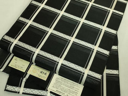 平和屋着物＊極上　夏物　本場筑前博多織　八寸名古屋帯　森博多織　格子　黒地　証紙付き　逸品　未使用　DZAC0455kh6