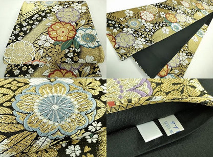 平和屋本店●極上 振袖・長襦袢(無双仕立て・半衿刺繍)・袋帯・帯揚げ・帯締め(LANVIN)セット 刺繍 花蝶文 黒地　銀彩　逸品　DZAC0519kh6