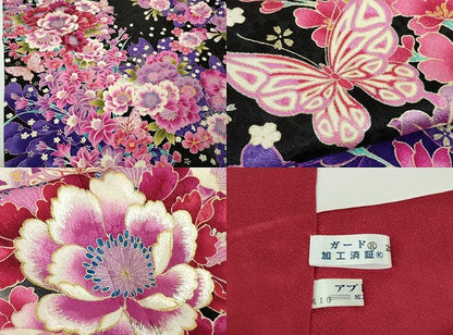 平和屋本店●極上 振袖・長襦袢(無双仕立て・半衿刺繍)・袋帯・帯揚げ・帯締め(LANVIN)セット 刺繍 花蝶文 黒地　銀彩　逸品　DZAC0519kh6