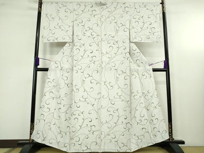 平和屋着物▽極上　小紋　単衣　地紋起こし　花唐草文　灰黄緑色地　逸品　DZAC0532kh6