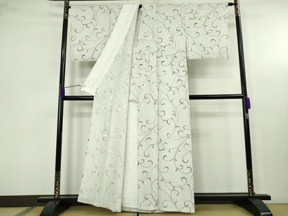 平和屋着物▽極上　小紋　単衣　地紋起こし　花唐草文　灰黄緑色地　逸品　DZAC0532kh6
