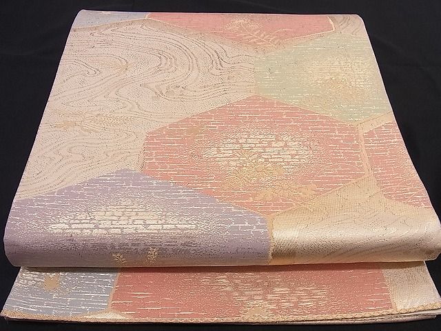 平和屋着物■六通柄袋帯 流水亀甲花鳥文 金糸 逸品 n-ea0211
