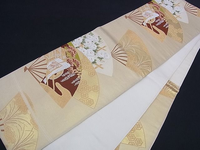 平和屋着物■六通六通太鼓柄袋帯　唐織　扇面御所車文　金銀糸　逸品　n-ea0225