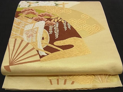 平和屋着物■六通六通太鼓柄袋帯　唐織　扇面御所車文　金銀糸　逸品　n-ea0225