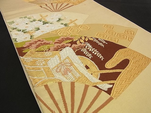 平和屋着物■六通六通太鼓柄袋帯　唐織　扇面御所車文　金銀糸　逸品　n-ea0225