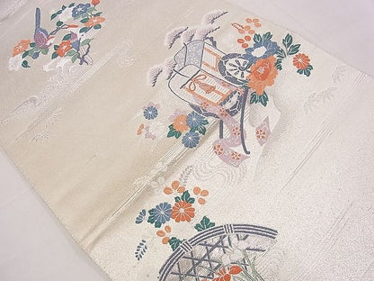 平和屋着物■六通柄袋帯　九百錦　御所車籬花文　プラチナ摺箔二重織　逸品　eg0429