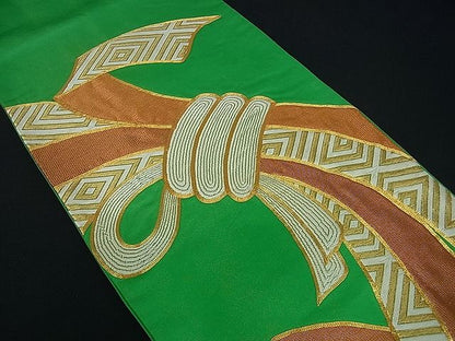 平和屋着物■太鼓柄袋帯　駒刺繍　束ね熨斗吉祥文　金糸　逸品　ev1116