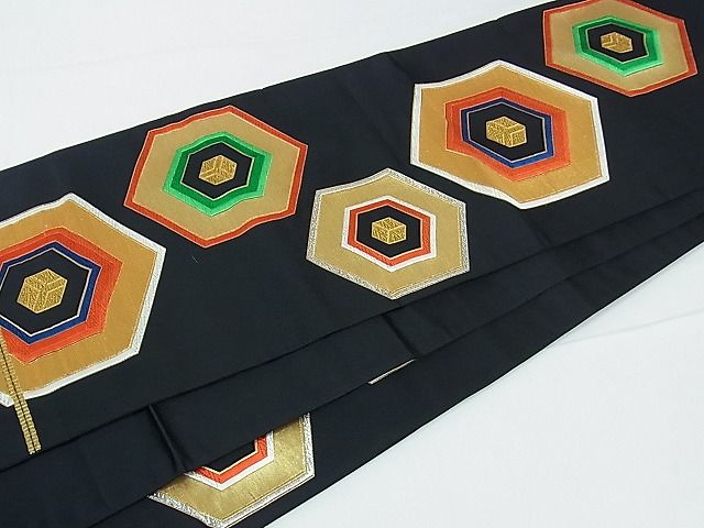平和屋着物■六通柄袋帯 唐織 亀甲吉祥文 黒地 金銀糸 逸品 ev1230