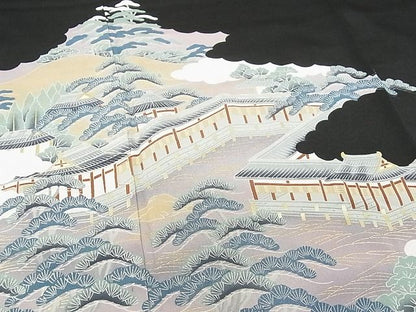 平和屋着物■豪華黒留袖　風景松文　金彩　着丈158cm　裄丈62.5cm　正絹　逸品　B-ey2442