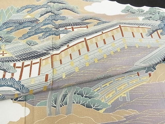 平和屋着物■豪華黒留袖　風景松文　金彩　着丈158cm　裄丈62.5cm　正絹　逸品　B-ey2442