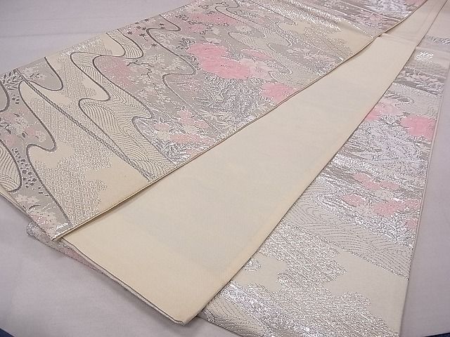 平和屋着物■六通柄袋帯 流水花文 銀糸 逸品 fb8986