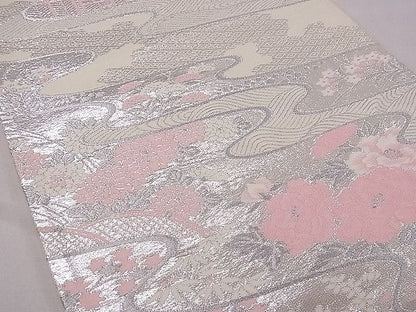 平和屋着物■六通柄袋帯 流水花文 銀糸 逸品 fb8986