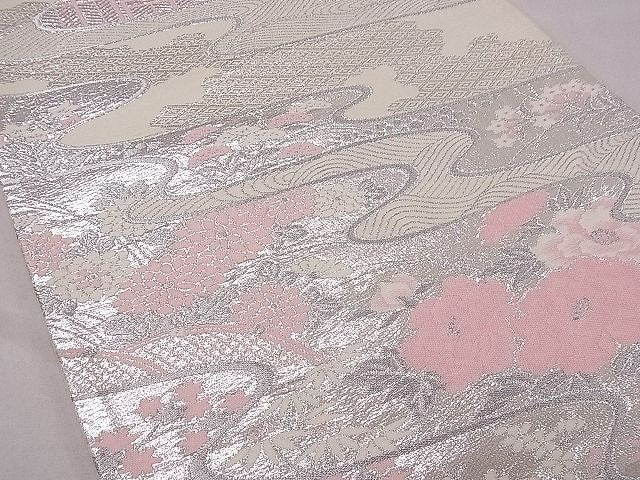 平和屋着物■六通柄袋帯 流水花文 銀糸 逸品 fb8986