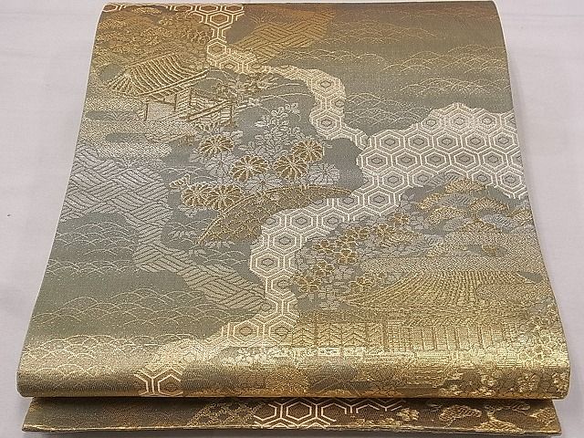 平和屋着物■六通柄袋帯 風景花文 金銀糸 逸品 fb9044