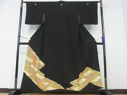 平和屋着物■豪華黒留袖　駒刺繍　菱文　金彩　逸品　fe3412