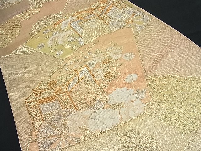 平和屋着物■六通柄袋帯 鞘型形地紋扇面 金銀糸 逸品 n-fn0568