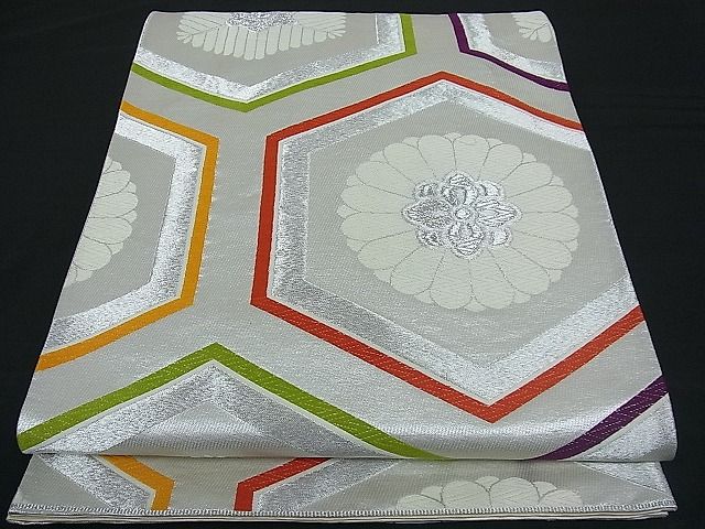 平和屋着物■六通柄袋帯 唐織 亀甲菊松葉 銀糸 逸品 ft0338