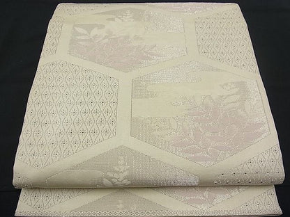 平和屋着物■六通柄袋帯 亀甲草葉文 銀糸 逸品 n-fw0936