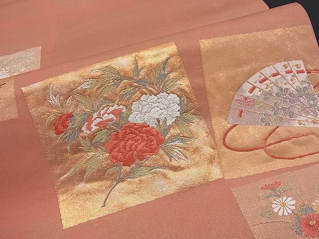 平和屋着物■六通太鼓柄袋帯 唐織 春秋草花色紙文 金糸 逸品 n-fw1071