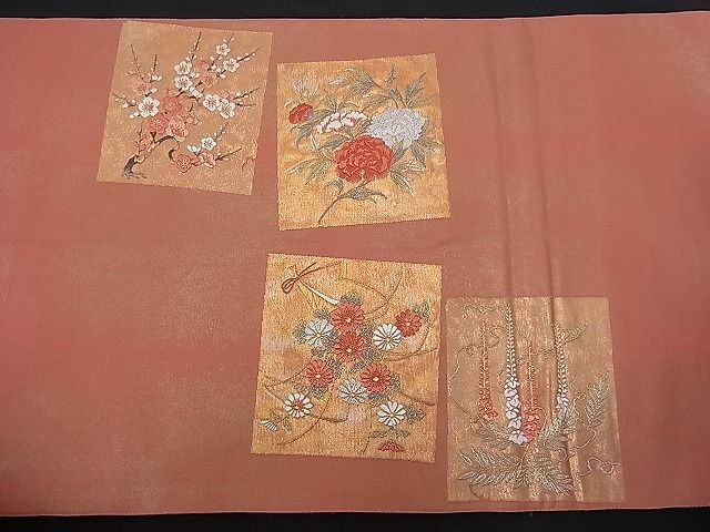 平和屋着物■六通太鼓柄袋帯 唐織 春秋草花色紙文 金糸 逸品 n-fw1071