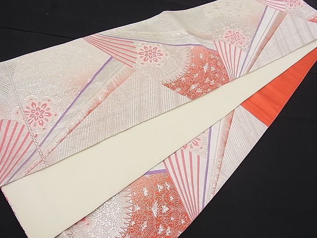 平和屋着物■六通柄袋帯 唐織 扇面吉祥花文 銀糸 逸品 n-fw1453