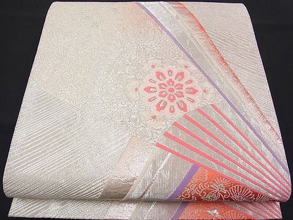 平和屋着物■六通柄袋帯 唐織 扇面吉祥花文 銀糸 逸品 n-fw1453