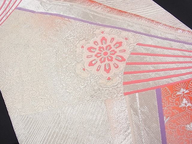 平和屋着物■六通柄袋帯 唐織 扇面吉祥花文 銀糸 逸品 n-fw1453