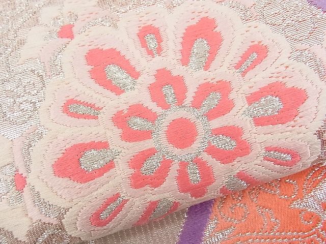 平和屋着物■六通柄袋帯 唐織 扇面吉祥花文 銀糸 逸品 n-fw1453