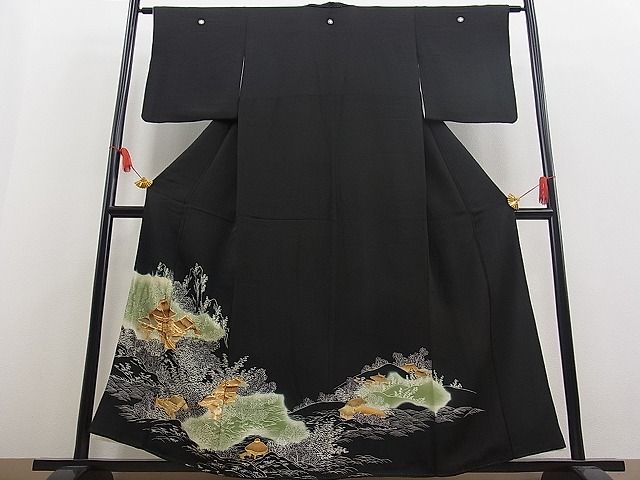 平和屋着物■豪華黒留袖　駒刺繍　風景文　金彩　逸品　n-fw1707