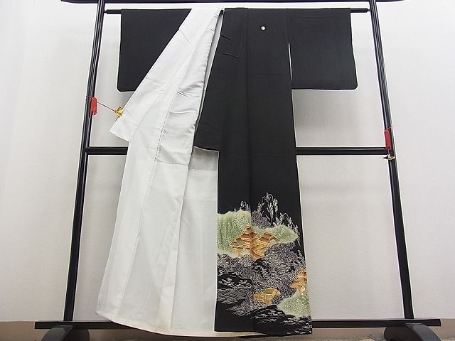平和屋着物■豪華黒留袖　駒刺繍　風景文　金彩　逸品　n-fw1707