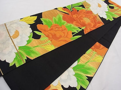 平和屋着物■六通柄袋帯 唐織 牡丹文 黒地 金糸 逸品 n-fw2174