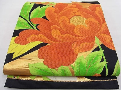 平和屋着物■六通柄袋帯 唐織 牡丹文 黒地 金糸 逸品 n-fw2174