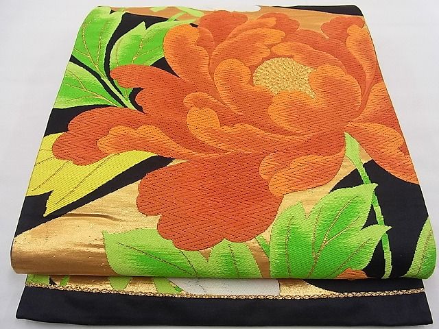 平和屋着物■六通柄袋帯 唐織 牡丹文 黒地 金糸 逸品 n-fw2174