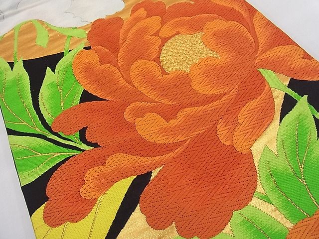 平和屋着物■六通柄袋帯 唐織 牡丹文 黒地 金糸 逸品 n-fw2174