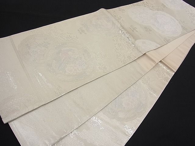 平和屋着物■両面六通柄袋帯 唐織 絵皿花鳥文 銀糸 逸品 n-fw2175