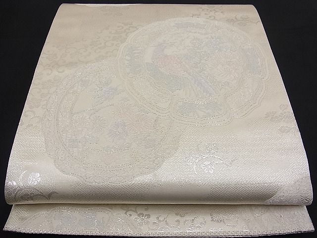 平和屋着物■両面六通柄袋帯 唐織 絵皿花鳥文 銀糸 逸品 n-fw2175