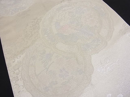 平和屋着物■両面六通柄袋帯 唐織 絵皿花鳥文 銀糸 逸品 n-fw2175