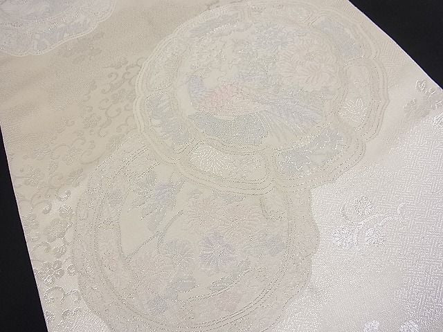 平和屋着物■両面六通柄袋帯 唐織 絵皿花鳥文 銀糸 逸品 n-fw2175