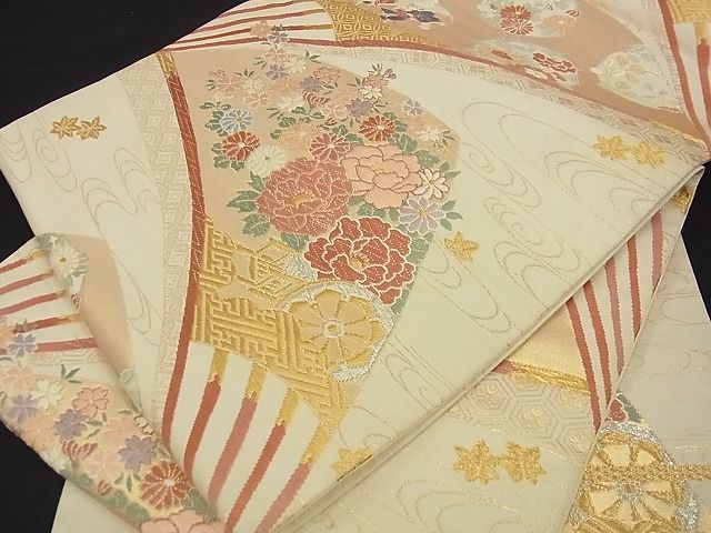 平和屋着物■六通柄袋帯 扇面花鳥文 金銀糸 逸品 ga1569