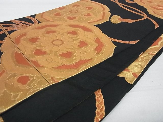平和屋着物■六通柄袋帯 鏡裏花文 黒地 金糸 逸品 ga1745